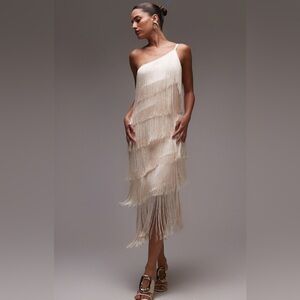 Mango One Shoulder Cream ASYMMETRICAL FRINGED MIDI-DRESS
